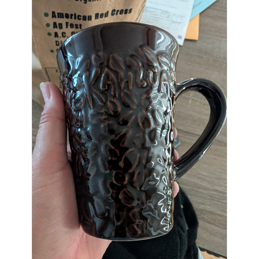 Vintage Kahlua Coffee Mug Brown Excellent Embossed Coffee Bean Textured Logo